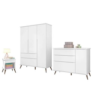 Imagem de Jogo de Quarto Infantil Retrô Alice Guarda Roupa, Cômoda com Porta e Mesinha - pr Baby Branco
