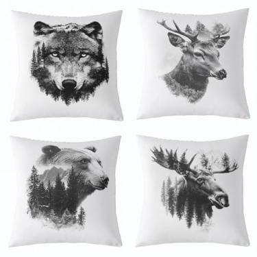 Imagem de Feelyou Capas de almofada vintage urso 45,72 cm x 45,72 cm conjunto de 4 fronhas macias para crianças, cabana, veado, caça, para meninos, meninas, adolescentes, fazenda, lobo, alce, animais, cinza,