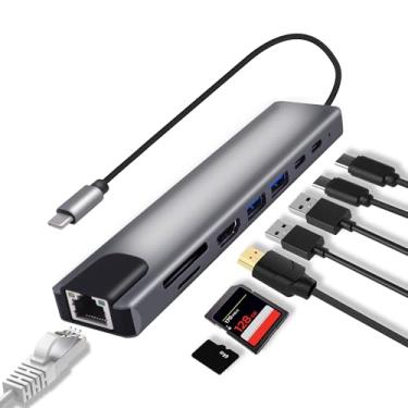 Imagem de YARCHONN Estação de ancoragem USB C Hub tipo C 8 em 1, adaptador multiportas tipo C para Ethernet RJ45 87W PD, carregamento USB3.0 USB2.0 HDMI SD/TF leitor de cartão Tipo-C portas de dados para
