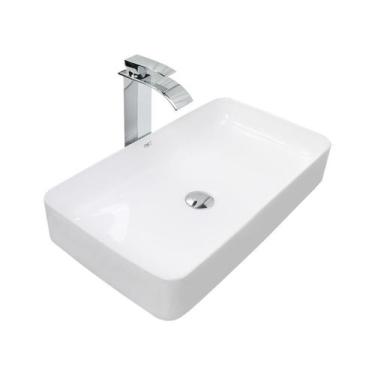 Imagem de Kit Cuba Pia Louça Cerâmica Banheiro C/Torn E Vál Cromada 55 - Smart N