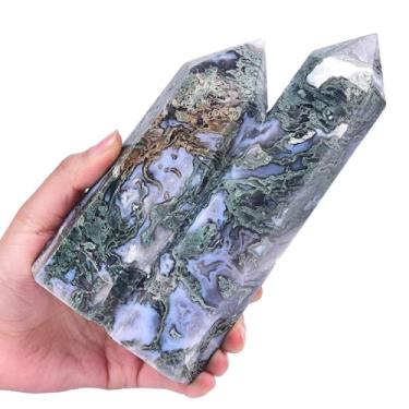 Imagem de VIZYTOU Torre de pedra de cristal grande Heaing coluna de varinha de duas pontas pedra de meditação obelisco de ágata musgo 1,3-1,5 kg