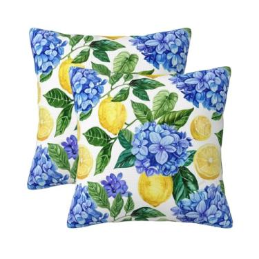 Imagem de KiuLoam Capas de almofada de hortênsia de limão de verão 40,6 x 40,6 cm, conjunto de 2 capas de almofada decorativas florais azuis amarelas para decoração de sofá-cama e sala de estar