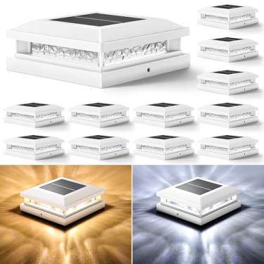 Imagem de Pacote com 12 lâmpadas solares para uso externo, 2 modos de iluminação, 16 LEDs, tampa de poste solar para 10 x 10 cm, 4,5 x 4,5, 5 x 5, postes de madeira de vinil, à prova d'água, luz de cerca