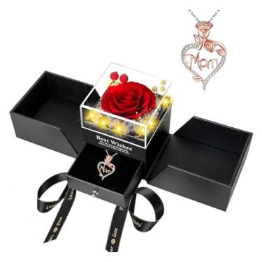 Imagem de Rosa vermelha preservada com colar, flores eternas rosas presentes para mãe, avó, esposa ou namorada no Dia das Mães, Dia dos Namorados, Natal, aniversário romântico (Vermelho-2)