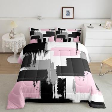 Imagem de Feelyou Conjunto de cama de arte abstrata para crianças, meninos, meninas, tamanho casal, preto, branco e rosa, geométrico, ultramacio, arte moderna, conjunto de edredom retrô