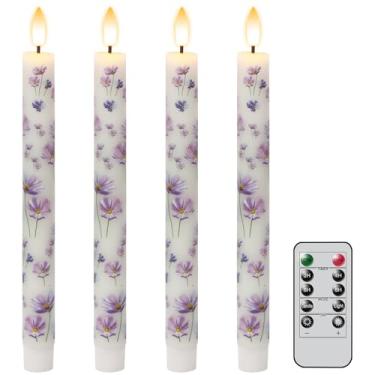 Imagem de Lasumora Flores roxas velas cônicas sem chama com temporizador remoto, velas afuniladas de LED, operadas por bateria, pavio 3D quente, palitos de cera verdadeira, decoração de aniversário de casamento