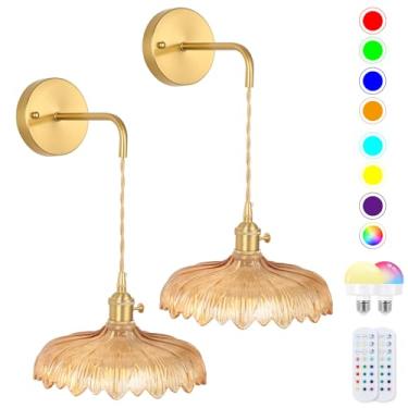 Imagem de EIDEARAY Arandela de parede vintage, arandelas de parede operadas por bateria com abajur de vidro âmbar, arandelas de parede sem fio, conjunto de dois com controle remoto, luzes de parede RGB sem fio