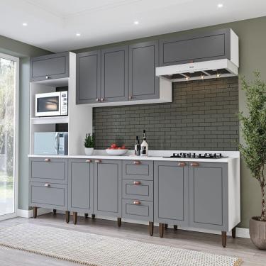 Imagem de Cozinha Pérola Com Tampo 5 Peças Torre Quente Aéreo 3 Portas Balcão 120 Balcão 80 E Basculante Yesca Branco/cinza