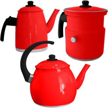 Imagem de Kit Chaleira Leiteira E Bule Gulê Alumínio 3 Peças Vermelho