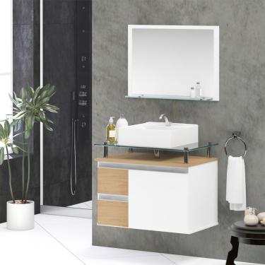 Imagem de Conjunto Gabinete Banheiro 2 Gavetas 1 Porta 60cm Com Espelheira Diamante - Freijó Amadeirado - Bege