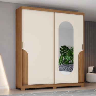 Imagem de Guarda-roupa Talles 2 Portas Deslizantes 3 Gavetas Detalhes E Espelho Com Cantos Arredondados Nature-off White