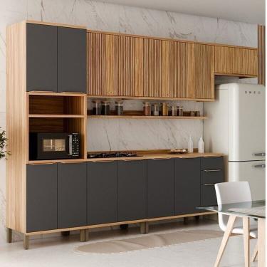 Imagem de Cozinha Modulada Completa 350cm 6 Peças 14 Portas Com Tampo 100% Mdf Noruega Fresada Espresso Móveis Amêndoa-chumbo