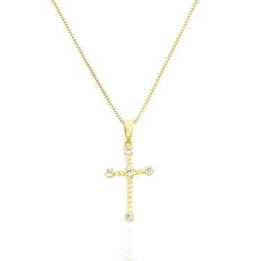 Imagem de Colar Cruz Torcida Com Pontos de Luz Banhado a Ouro
