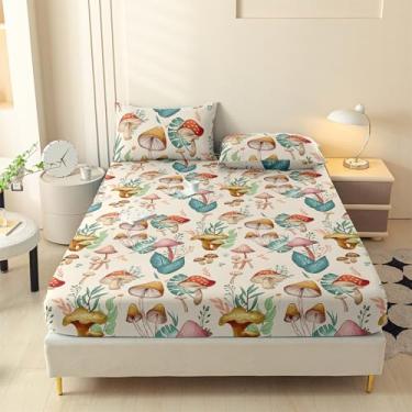 Imagem de LweiPsqLin Lençol de cama solteiro de microfibra escovada cogumelo com bordas elásticas de 38 cm de profundidade - Resistente ao encolhimento e ao desbotamento, roupa de cama com estampa botânica