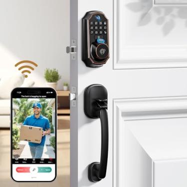 Imagem de Fechadura de entrada sem chave com conjunto de alça - Trava inteligente WiFi com câmera, câmera 5 em 1 + campainha + impressão digital + teclado, controle de aplicativo, trava automática, fácil