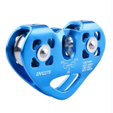 Imagem de Azarxis Polia de tirolesa 30 kN 3039 kg Kit de carrinho duplo em tandem para cabo e corda resistente para resgate, escalada, transporte, quintal, tirolesa e montanhismo (azul)