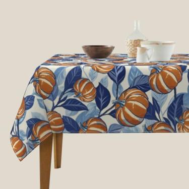 Imagem de Aytipun Toalhas de mesa retangulares de outono, 152 x 213 cm, azul, laranja, folhas de abóbora, outono, colheita, tema de férias, casa de fazenda ao ar livre, piquenique, festa, jantar, cozinha