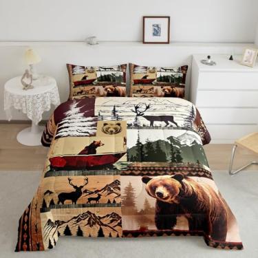 Imagem de Feelyou Conjunto de cama com urso, casa de fazenda, animais selvagens, para crianças, meninos, meninas, estampa de alce, cabana ocidental, conjunto de colcha de retalhos, 3 peças, tamanho king