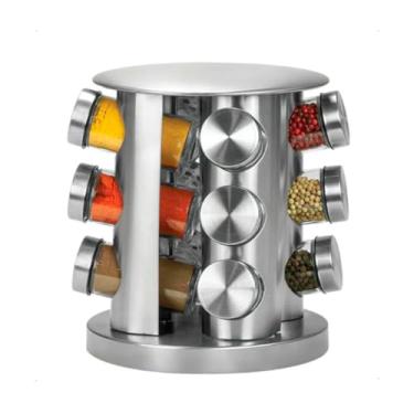 Imagem de Porta Temperos e Condimentos Giratório de Inox com 12 Potes Base 360º Potes de Vidro Organização para Cozinha(Prateado Redondo)