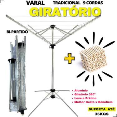 Imagem de Varal 9 Cordas Giratorio de Aluminio com 36 Pregadores Pronta Entrega 