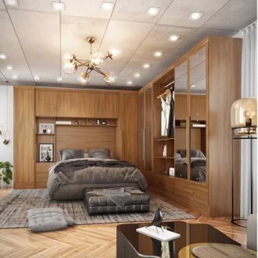 Imagem de Quarto Modulado Casal Completo 6 Peças 6 Portas 5 Gavetas Com Maleiro E Espelhos Smart Plus Cinamomo