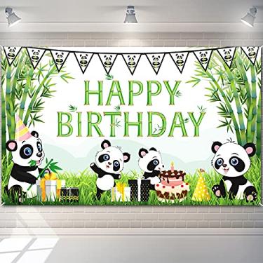 Imagem de Pano de fundo de panda de desenho animado com tema de panda de bambu verde para chá de bebê, decoração de festa de aniversário para crianças, recém-nascidos, decorações de mesa de bolo