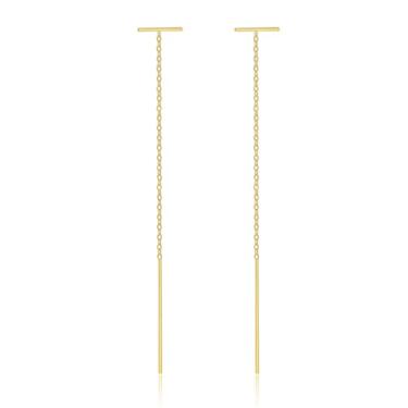 Imagem de Brincos passadores de barra dourada simples de prata com corrente longa pendurada e borla minimalista para piercings duplos