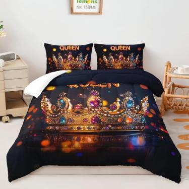 Imagem de AILONEN Conjunto de edredom Queen com coroa 3D, lindos diamantes, para meninas e mulheres, estampa de coroa de rainha brilhante com 2 fronhas, 3 peças