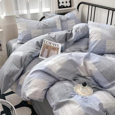 Imagem de HighBuy Conjunto de edredom queen cinza e azul quadriculado, 3 peças, xadrez, listrado, patchwork, edredom Queen com 2 fronhas xadrez, conjunto de cama com estampa de arte listrada