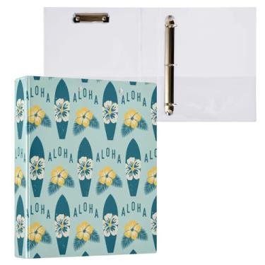 Imagem de Fichário de 3 anéis para pranchas de surfe e flores de hibisco, fichário decorativo de 3,8 cm com prancheta e 3 bolsos transparentes, comporta 200 folhas de papel tamanho A4, fichários à prova d'água