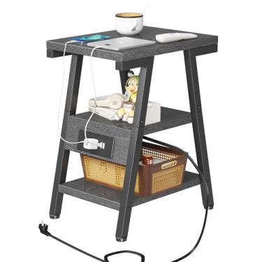 Imagem de Homeiju Mesa Lateral Com Base De Carregamento, Mesas Laterais Pequenas Lucky 7 Em Formato Metal, Cabeceira 3 Níveis, Tomadas E Portas Usb, Pés Niveladores Ajustáveis, Para Sala Estar, Quarto (Cinza)