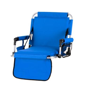 Imagem de GREEN PARTY Assento de estádio para arquibancadas, cadeira dobrável portátil de piso externo com apoio de braço, suporte traseiro, suporte para copo, bolsa de malha e ganchos para esconder, azul..