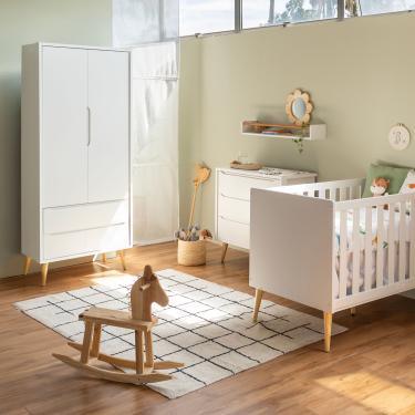 Imagem de Kit Quarto Theo com Pés Retrô Natural - Berço+ Cômoda 3 Gavetas + Guarda-Roupa 2 Portas - Branco