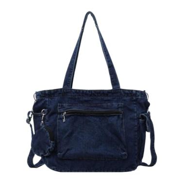 Imagem de Bolsa de ombro jeans, bolsa mensageiro casual retrô jeans, bolsa tiracolo grande Hobo para mulheres e homens 2024, C - Azul escuro, One Size