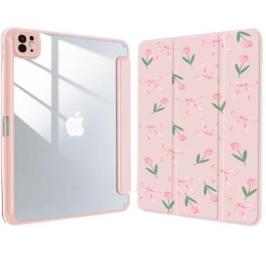 Imagem de Capa para iPad mini 7 A17 Pro 2024/iPad Mini 6 (8,3 polegadas, 2021) 6ª geração com suporte para lápis, tulipa rosa feminina laço rosa capa protetora traseira de acrílico transparente, despertar