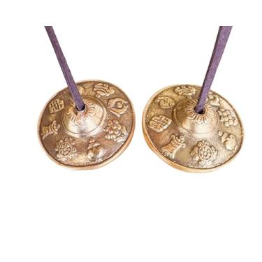 Imagem de Pratos Tingsha tibetanos, sinos de meditação de bronze de 6,5 cm com bolsa de cordão, design tradicional em sânscrito para instrumento de percussão
