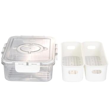 Imagem de Organizador para Geladeira com Tampa e 2 Cestas Removíveis, 23,5x16,5x6,5cm, Transparente e Branco
