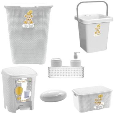 Imagem de Kit Caixa Organizadora Cesto de roupas Rattan bebê Balde Lixeira Sabon