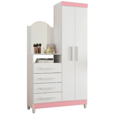 Imagem de Guarda Roupas Solteiro com Cômoda e Espelho Juvenil Londres Branco/Rosa Albatroz