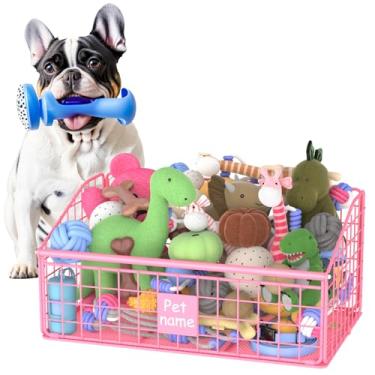 Imagem de Kaiferty Cesta de brinquedo indestrutível para cães, caixa de brinquedos média para cães, cesto de metal para cães, organizador de brinquedos, caixa de brinquedos para cães para sala de estar (rosa)
