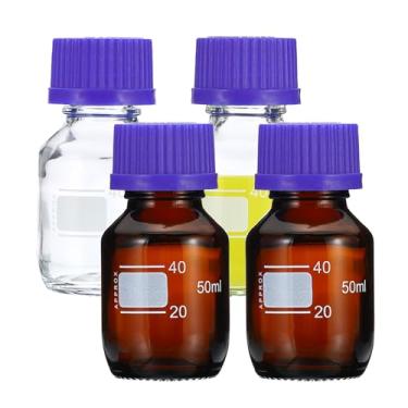 Imagem de PATIKIL Frasco de amostra de 50 ml, pacote com 4 frascos de armazenamento de mídia de reagente de vidro borossilicato redondo graduado com tampa de rosca azul GL45 para líquidos reagentes de água de