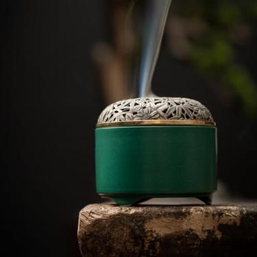 Imagem de Queimador de incenso de cerâmica tradicional, porcelana azul e branca com tampa de malha de latão, multiuso para bobinas e varetas (verde)