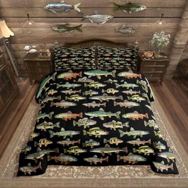 Imagem de Erosebridal Conjunto de edredom King Size Peixe lúcio, retrô, para meninos e meninas, conjunto de edredom leve de microfibra para pesca e caça, robalo vintage e animais