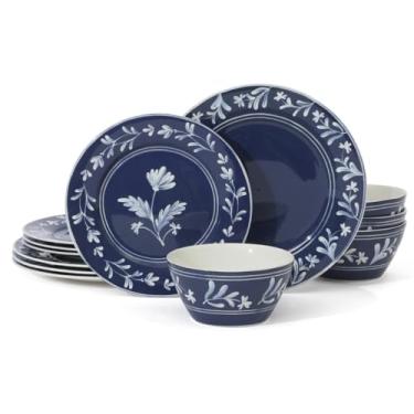 Imagem de Martha Stewart Maiden Crown Conjunto de louça azul celeste de 12 peças – Pratos e tigelas de cerâmica vegana Bone China – Design floral – Serviço para 4 pessoas – Seguro para micro-ondas e lava-louças