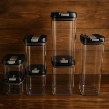 Imagem de Potes Herméticos 7 Unidades Acrílico com Fecho Seguro | Tampas Sortidas Branca e Preta | Kit para Organizar Alimentos, Despensa, Grãos, Café e Farinha (Tampa Preta)