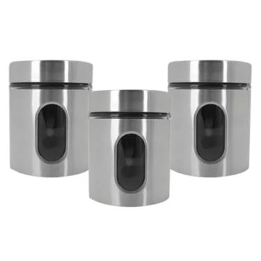 Imagem de Kit Com 3 Potes Pequenos Vidro Vítreo Revestido Em Inox 630ML Com Tampa e Visor - Ideal para Armazenar Café, Açucar, Sal, Grãos e Mantimentos - Super Resistente - Cantinho Do Café