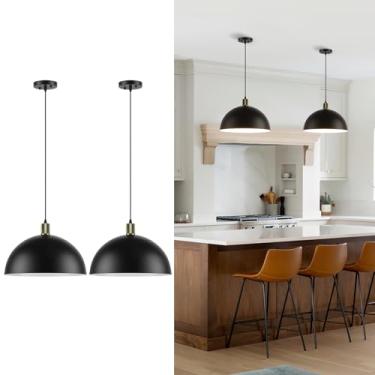 Imagem de Karjearl Luminárias pendentes pretas pacote com 2, 15,7 polegadas grande cúpula pingente iluminação fazenda lustre vintage para cozinha ilha sala de jantar