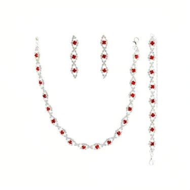 Imagem de Conjunto Colar Brinco Pulseira Choker Gargantilha Zircônia Cúbica Vermelho - Festa Formatura Debutante - Presente Natal Noiva Namorada Mãe - Delicado Brilhante