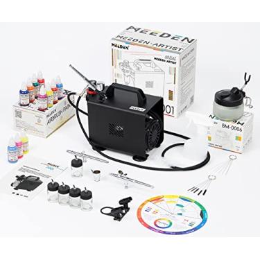 Imagem de MEEDEN Kit de aerógrafo com compressor e tinta: Compressor de ar silencioso de 1/5 HP para pintura de modelo com 3 pistolas de aerógrafo de ação dupla - Conjunto de tinta spray acrílica de 24 cores x
