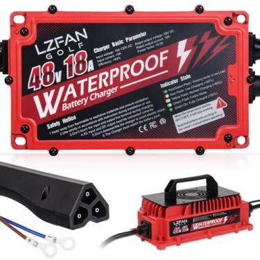 Imagem de LZFAN Carregador de bateria de carrinho de golfe de 18 AMP para carro clube de 48 volts com plugue estilo triângulo de 3 pinos e cabo de carregamento rápido, carregador portátil à prova d'água para